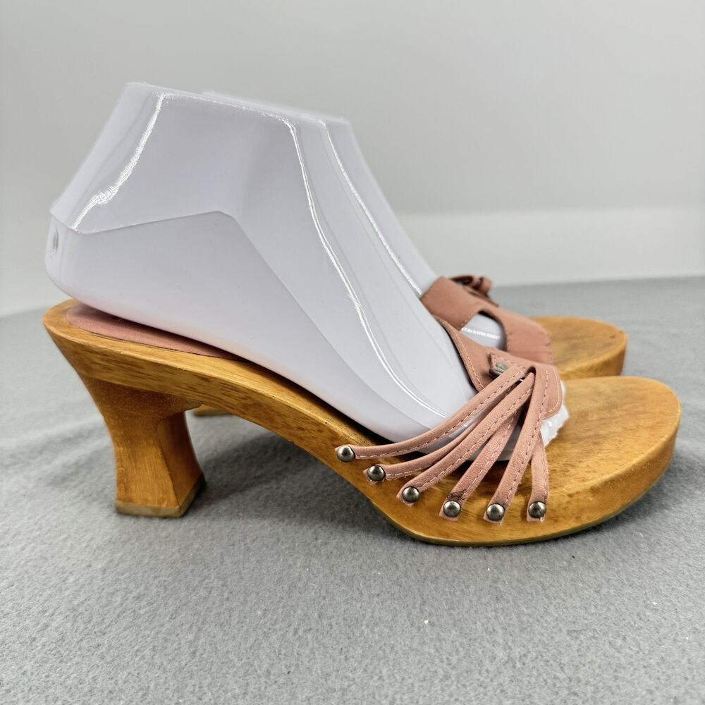 MIA Sandals Womens Size 9 Pink Leather Slide Wooden Block Heel Fringe Studded
